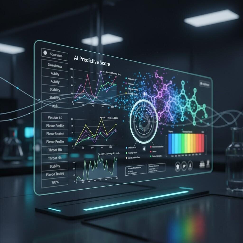 Discover the future of e-liquid development with this futuristic image showcasing an AI predictive model. The visualization analyzes critical e-liquid aroma and taste parameters like sweetness, acidity, and stability, set against a background of molecular structures and a vibrant taste spectrum. This image highlights advanced AI capabilities in optimizing e-liquid formulations.