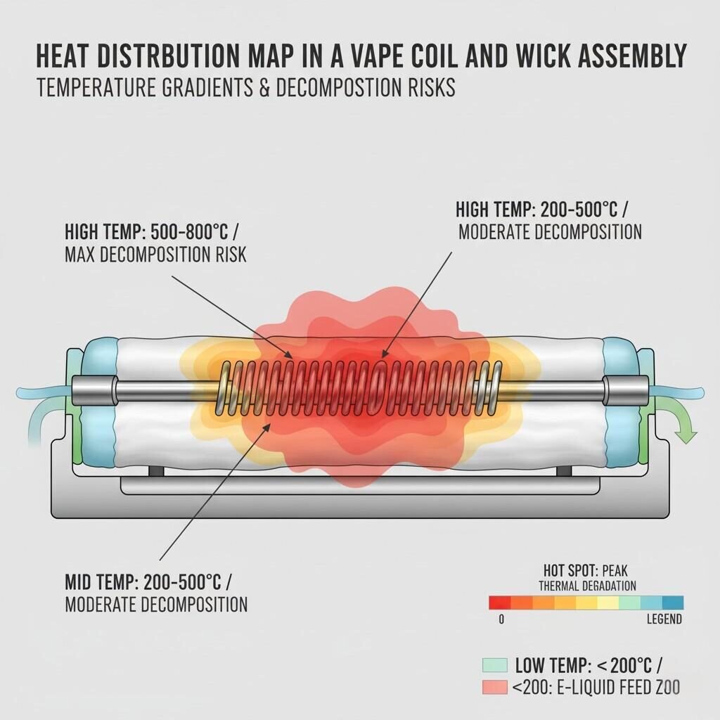 Cross-sectional visualization depicting the heat distribution map within a vape coil and wick assembly, illustrating temperature gradients across the coil and wick, liquid feed zones, and identifying regions with the highest risk of thermal decomposition for e-liquid components.