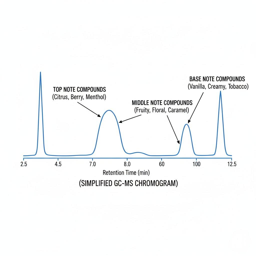 This simplified GC-MS chromatogram visually breaks down a flavor profile into "top," "middle," and "base" note compounds, illustrating the analytical approach to designing complex and balanced flavors. Each peak represents a different aroma compound, highlighting the scientific method behind crafting intricate sensory experiences in products like e-liquids, perfumes, and food.
