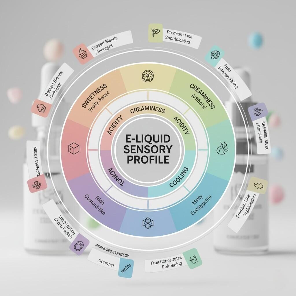 A visual e-liquid sensory "flavor wheel" that breaks down complex taste experiences into key dimensions like sweetness, acidity, creaminess, and cooling. This wheel is designed to help brands strategically position their e-liquids by visually linking precise sensory science with effective branding and market differentiation.