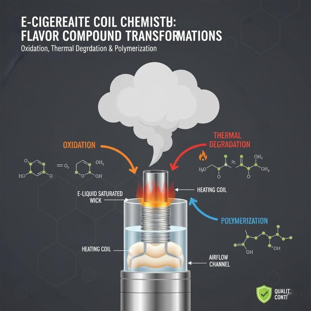 This diagram illustrates the complex chemical reactions occurring within an e-cigarette coil, including oxidation, thermal degradation, and polymerization. Understand how flavor compounds are transformed during the vaping process.