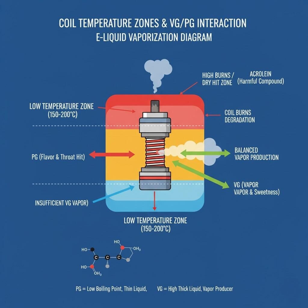 An illustrative diagram explaining the interaction of VG and PG within different coil temperature zones during e-liquid vaporization. It highlights how temperature affects vapor production, flavor, throat hit, and the potential formation of acrolein in high burn/dry hit zones.
