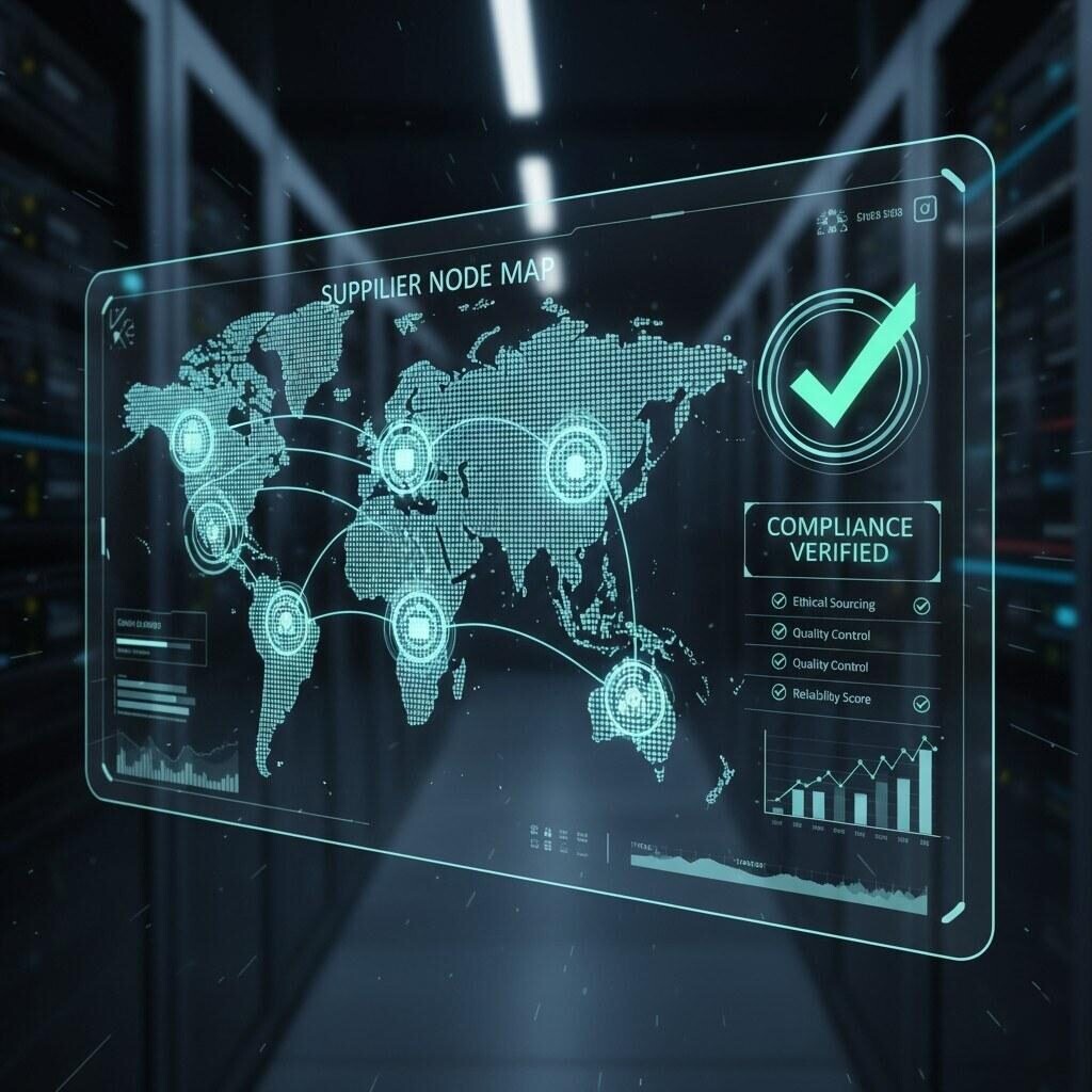 Explore the future of supply chain management with this business-tech-inspired image, demonstrating AI systems in action. The screen displays a supplier node map with data connection lines and a prominent compliance checkmark, symbolizing precision and reliability in monitoring and testing. This visual highlights AI's role in ensuring ethical sourcing, quality control, and robust supply chain integrity.