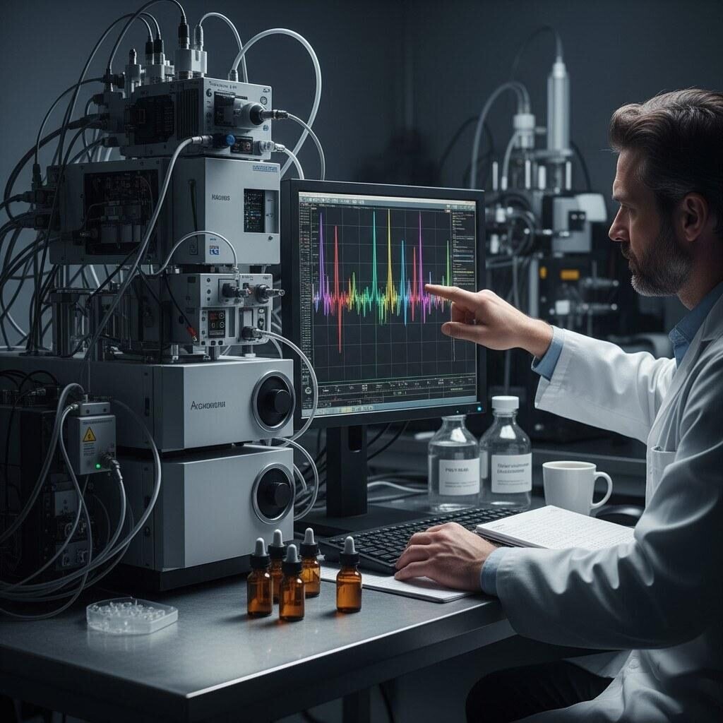 A close-up shot of advanced lab instruments, such as GC-MS or HPLC, where a technician in a lab coat reviews intricate molecular peaks and data on a monitor. The scene includes subtle imagery of vape flavor bottles or compound vials, clearly connecting scientific precision with practical e-liquid application and quality control.