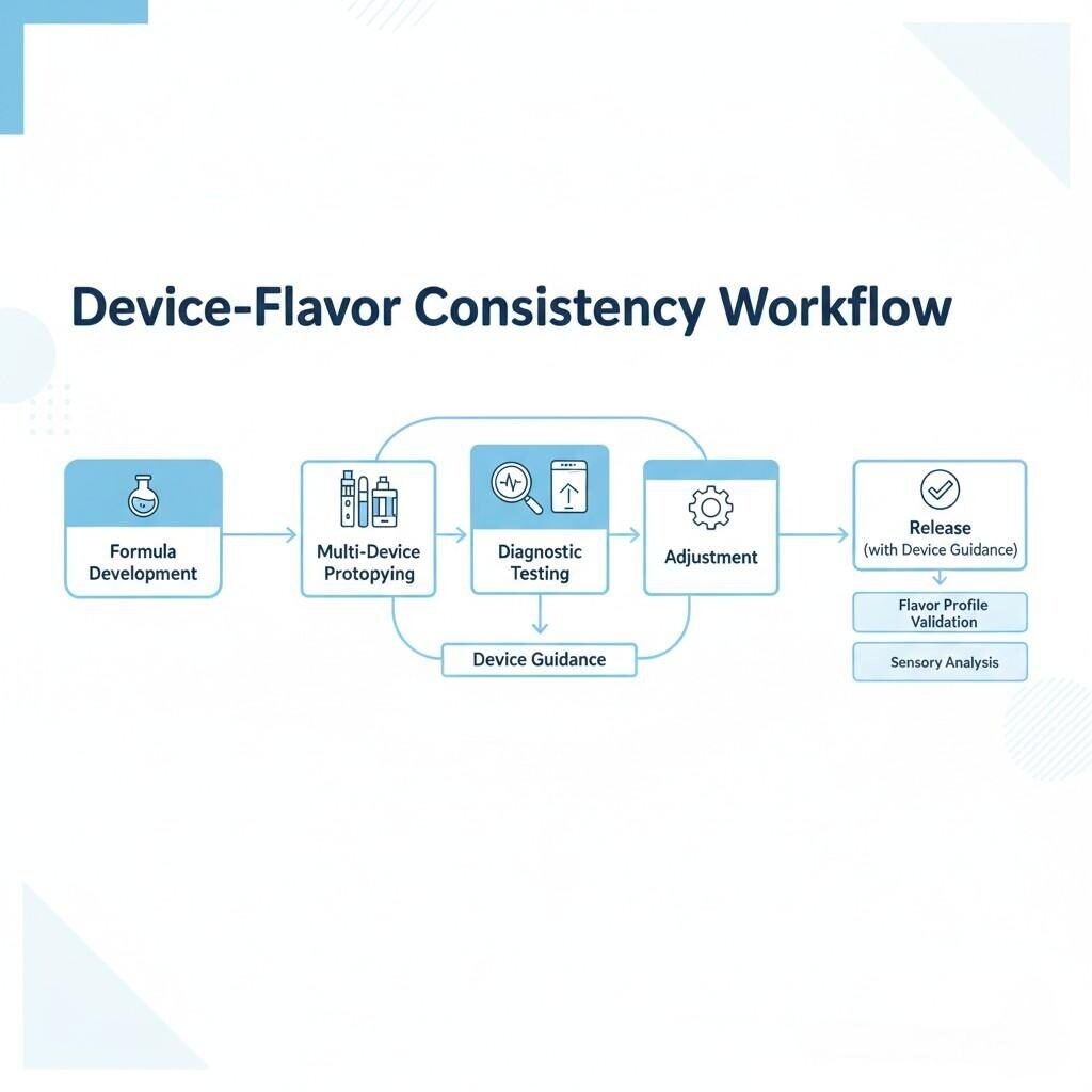  This flowchart illustrates the "Device-Flavor Consistency Workflow," outlining the process from initial formula development through multi-device prototyping, diagnostic testing, and iterative adjustments, culminating in a product release with device guidance, ensuring optimal flavor across various devices.