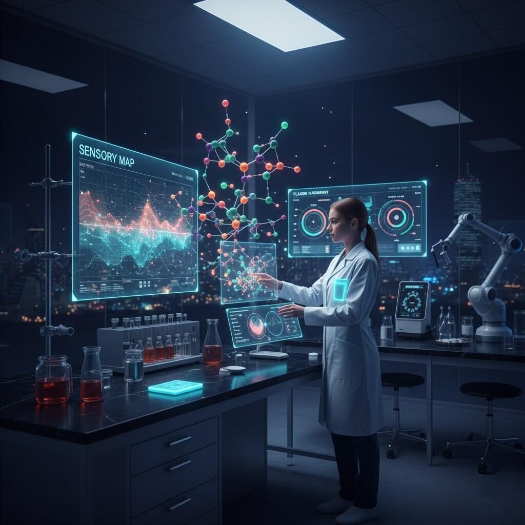 Step into a futuristic flavor lab where scientists utilize holographic molecular models and advanced sensory mapping interfaces to precisely design and optimize aroma profiles. This image captures the cutting-edge technology and innovative spirit driving the next generation of flavor creation and sensory analysis.