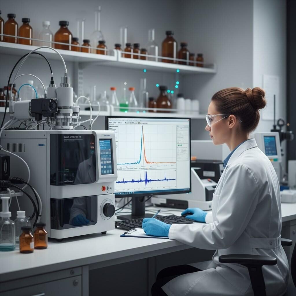 A clean laboratory image featuring a flavor scientist in professional attire reviewing a spectral output on a computer from a GC-MS unit, symbolizing the scientific validation and quality control of e-liquid flavor compounds.
