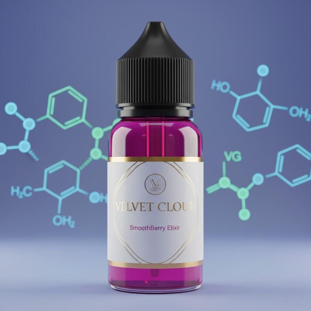 A stylized, close-up image of a vibrant fruit e-liquid in a transparent bottle, labeled "Velvet Cloud" to imply smoothness. The liquid appears inviting and clear, with subtle, abstract PG and VG molecules intertwined in the background, symbolizing a balanced and optimal chemical formulation designed for a comfortable and high-quality vaping experience.