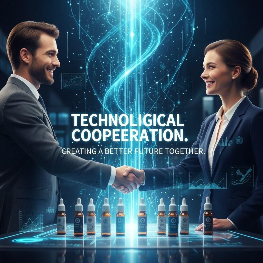 Capture the essence of progress with this energetic image depicting two business professionals shaking hands, surrounded by e-cigarette flavor bottles and dynamic data light effects. This visual powerfully symbolizes "technological cooperation, creating a better future together," highlighting collaborative innovation in the e-cigarette flavor industry and beyond.