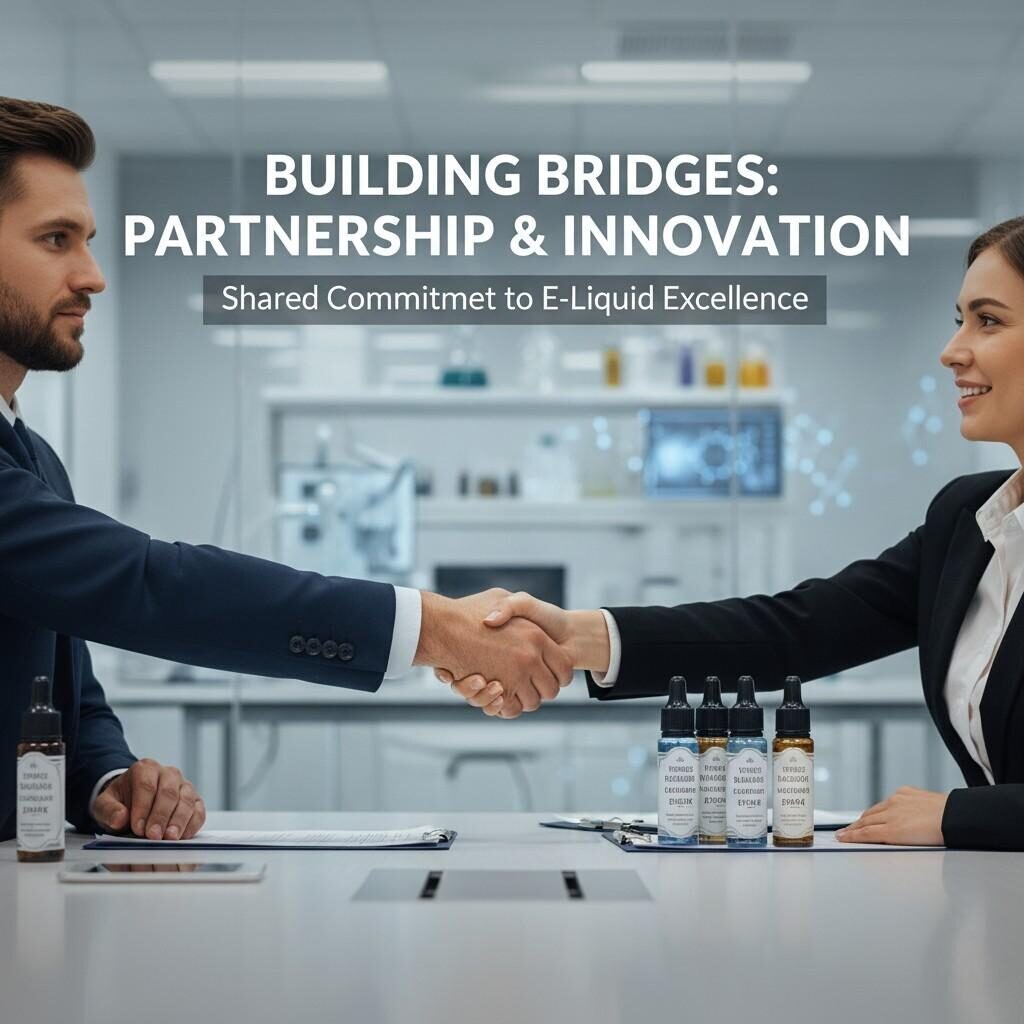  A realistic business handshake between two professionals signifies partnership, innovation, and a shared commitment to excellence. The backdrop features e-liquid bottles and subtle lab visuals, representing the collaborative spirit and scientific rigor in the e-liquid flavor manufacturing industry.