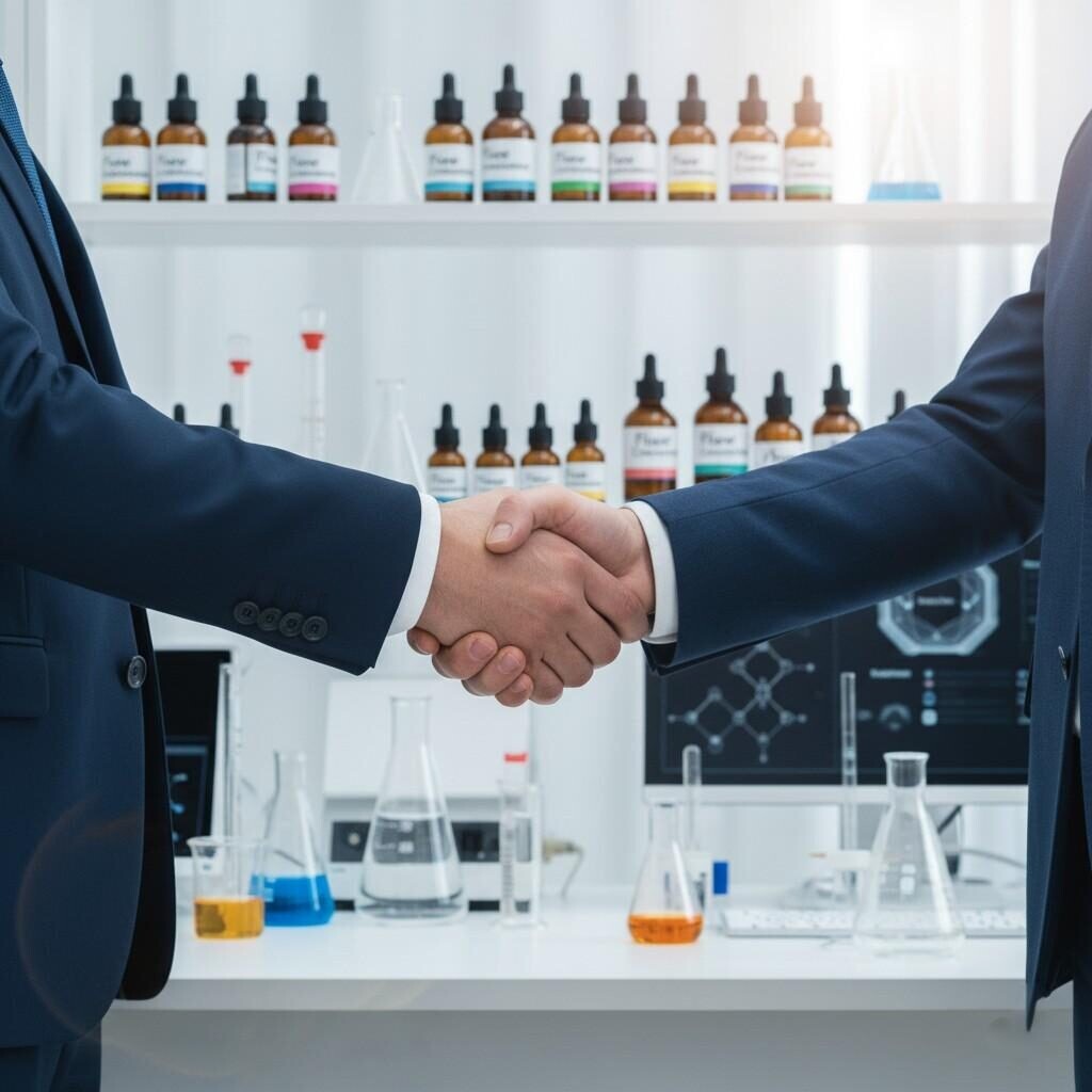  A powerful visual of a professional handshake between an e-liquid manufacturer and a brand partner, set against a backdrop of neatly arranged e-liquid flavor bottles and lab glassware. The image perfectly conveys a sense of strong collaboration, mutual trust, and forward-looking innovation within the dynamic vaping industry.