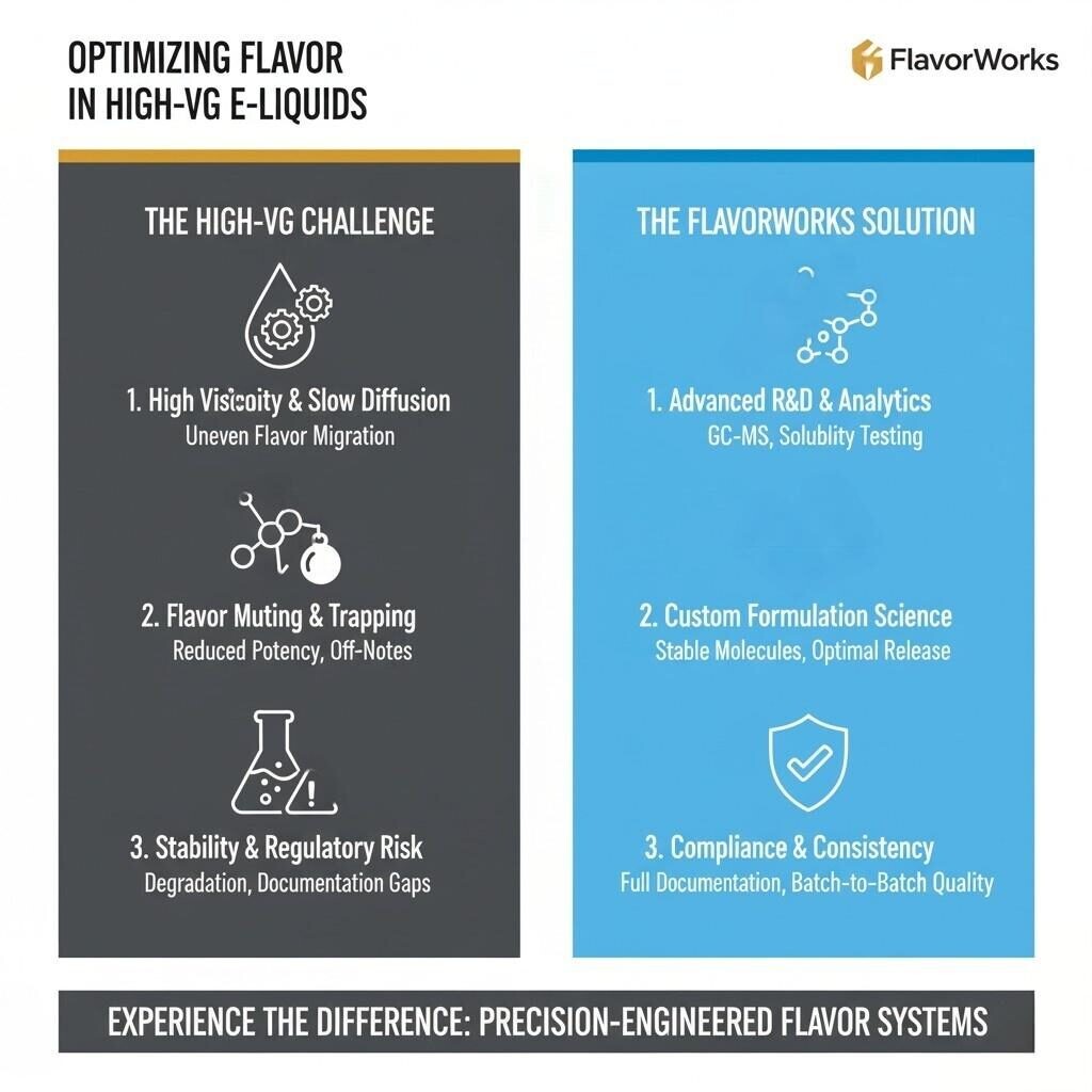 A strategic infographic contrasting the core challenges of flavoring high-VG e-liquids with the advanced R&D, custom formulation, and compliance solutions offered by the flavor manufacturer.