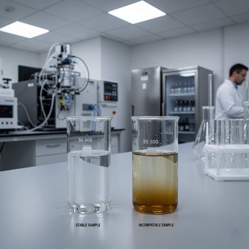 高分辨率 8K 图像展示了两种电子烟液样品的专业实验室比较。一个烧杯包含完全透明且均匀的样品，代表理想的稳定性，而相邻烧杯显示分离且变色的样品，表明成分不相容或降解。背景配有GC-MS仪器、冷链冰箱和各种分析玻璃器皿等必备分析设备，凸显了确保烟油质量和稳定性的科学严谨性。该图片非常适合说明电子烟行业的质量控制和研发流程。