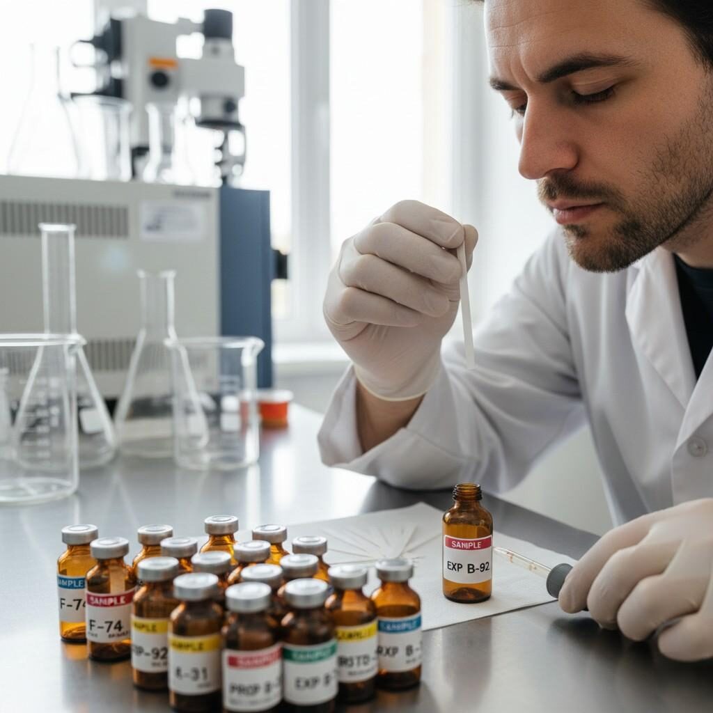 详细的特写镜头捕捉到一位调香师在实验室中使用嗅觉条和编码样品瓶仔细评估香气的情况。该场景受益于自然采光和科学取景,突出了专业研发环境中感官分析和风味研究的精确性和专业知识。