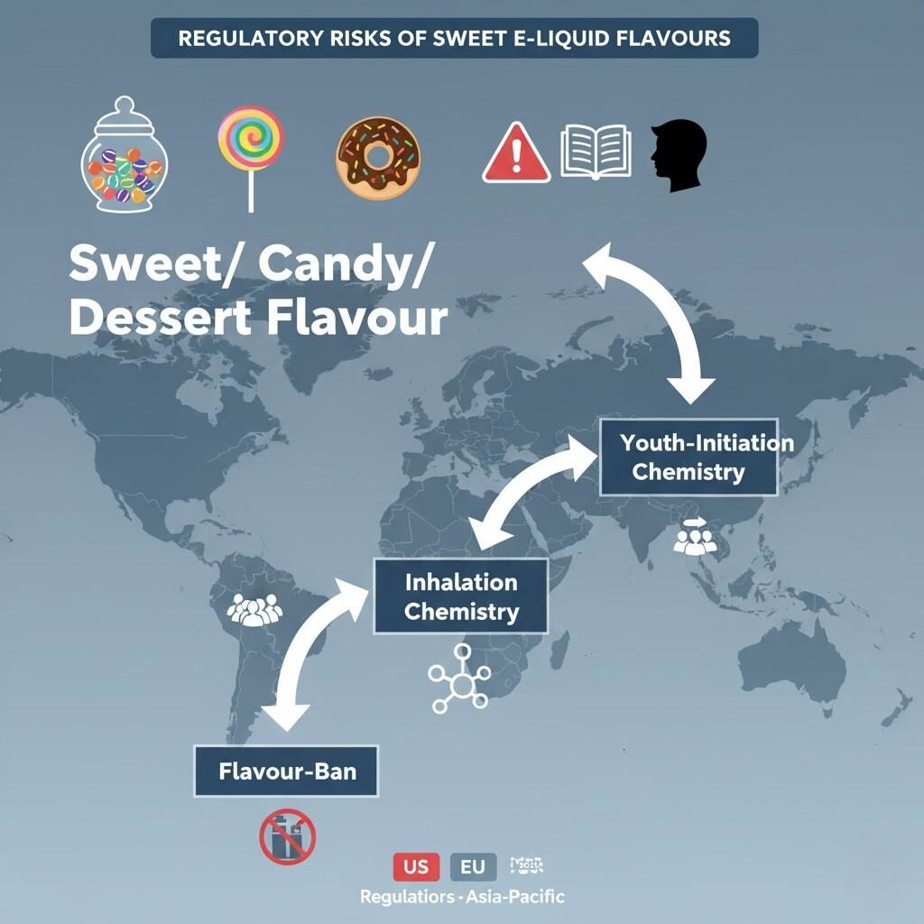 Una infografía detallada que ilustra los riesgos regulatorios asociados con los sabores de e-líquidos dulces, dulces y de postre. Mapea los íconos de sabores con símbolos regulatorios, destacando riesgos como la iniciación de los jóvenes, la química de la inhalación y las prohibiciones de sabores, con un fondo de mapa mundial que muestra los puntos críticos regulatorios en los EE. UU., la UE y Asia-Pacífico.
