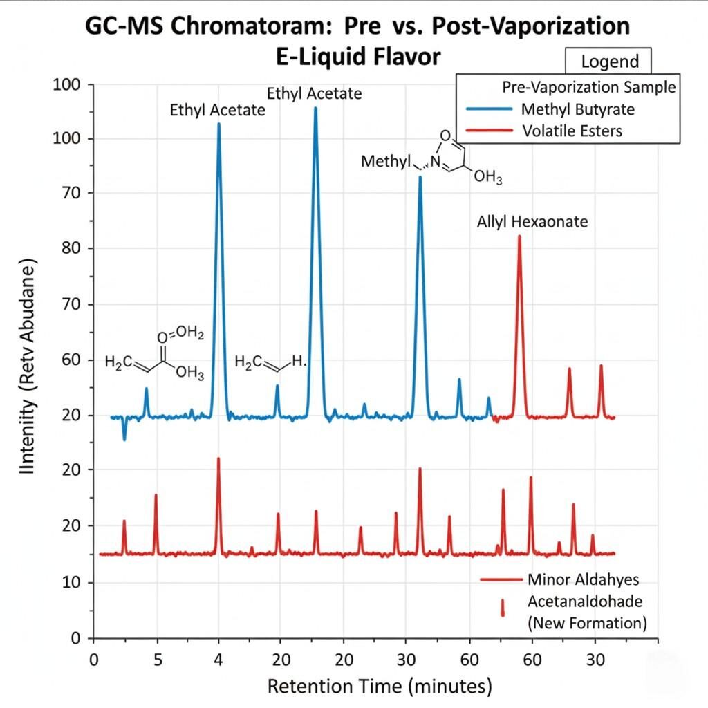 详细的 GC-MS 色谱图显示了电子烟液调味剂蒸发前后的化学变化。该图突出显示了挥发性酯(例如乙酸乙酯、丁酸甲酯、己酸烯丙酯)的减少或损失以及微量醛(例如乙醛)的明显形成,从而深入了解电子烟过程中的风味降解和新化合物的形成。