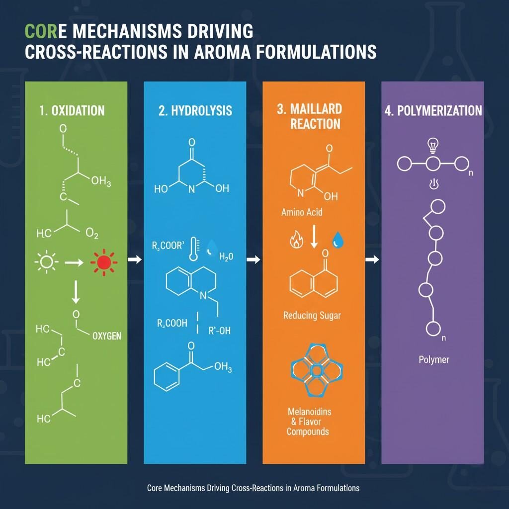 Une infographie détaillée illustrant les principaux mécanismes de réaction chimique (oxydation, hydrolyse, réaction de Maillard et polymérisation) qui entraînent des réactions croisées dans les formulations d'arômes. Des diagrammes moléculaires simplifiés, des flèches de réaction et des icônes représentant des accélérateurs comme la lumière, l'oxygène, la température et l'eau sont inclus pour expliquer ces processus fondamentaux dans les systèmes d'arômes.