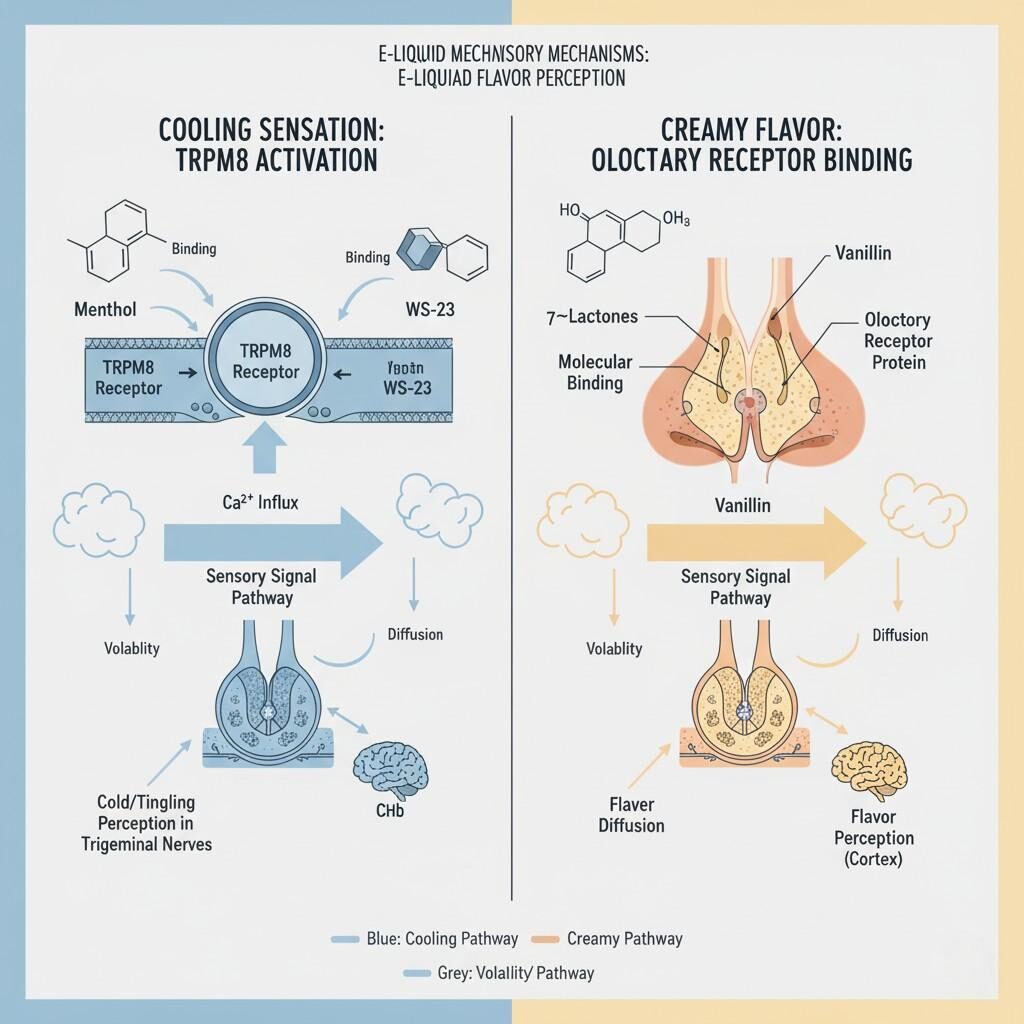 Une infographie scientifique détaillée illustrant les mécanismes moléculaires derrière la perception de la saveur des e-liquides. Le diagramme montre comment les agents rafraîchissants comme le menthol et le WS-23 activent les récepteurs TRPM8, tandis que les notes crémeuses telles que les lactones et la vanilline se lient aux récepteurs olfactifs. Il met en évidence la volatilité, la diffusion et les voies distinctes des signaux sensoriels pour chacun, offrant un aperçu de l'interaction complexe de ces composés avec la physiologie humaine.