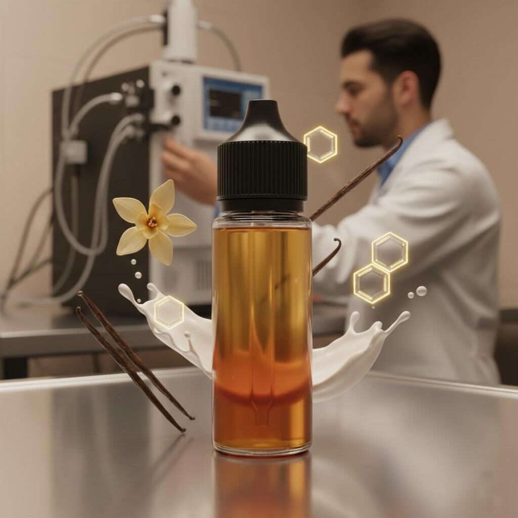 高度详细的 3D 渲染展示了不锈钢桌子上装有丰富琥珀色梯度液体的电子烟果汁瓶。瓶子周围漂浮着半透明的元素：香草豆、牛奶和象征化学键的蜂窝结构。在柔和、模糊的背景下，实验室技术人员正在调整气相色谱仪。