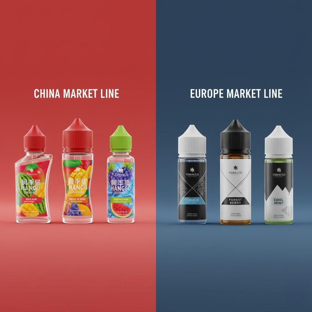 Une vitrine de produits côte à côte illustrant les conceptions distinctes d'emballages d'e-liquides pour les marchés chinois et européens. La ligne chinoise présente des visuels de fruits éclatants et de menthol, tandis que la ligne européenne présente une esthétique minimaliste et haut de gamme, sur fond contrasté rouge et bleu.