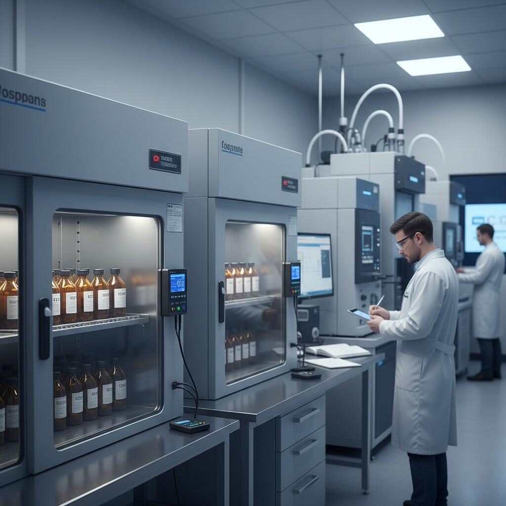 照片展示了用于芳香浓缩物温控稳定性测试的高精度实验室设置。该图像展示了气候室内的样品,配有数据记录仪、背景中的 GC-MS 仪器,以及技术人员认真做笔记,强调严格的质量保证和分析精度。