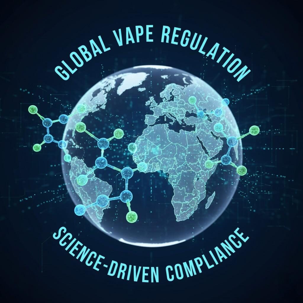 引人注目的数字插图,直观地代表了科学驱动的全球电子烟监管和跨市场合规的概念。分子风味结构艺术地投射在一个发光的地球上,象征着电子烟行业科学研究和监管工作的国际范围,强调了全球产品标准统一、基于证据的方法的重要性。