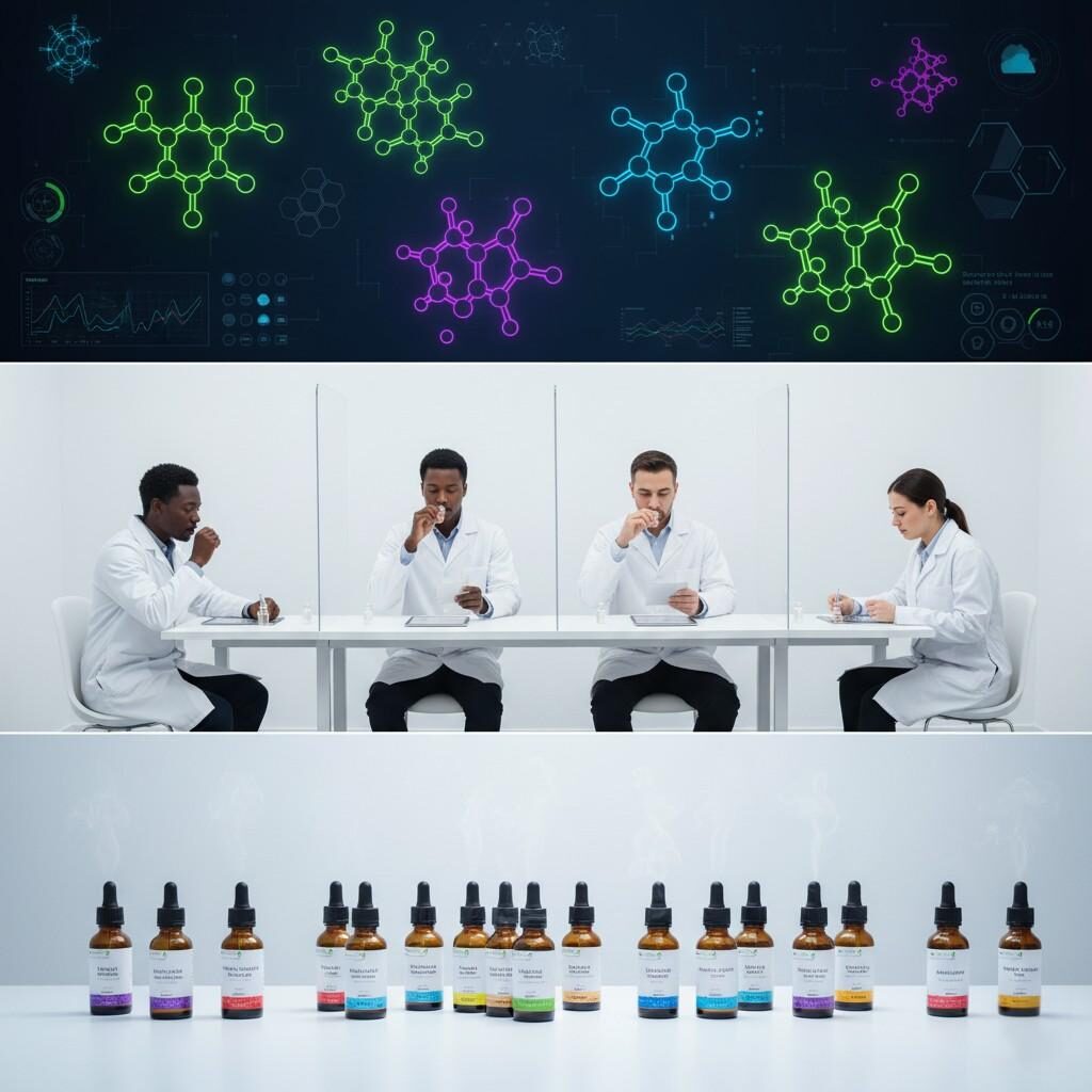 动态拼贴画展示了电子烟油风味开发的综合过程。它具有各种风味化合物的充满活力的数字分子结构，专门的感官评估团队精心评估香气，以及优雅专业的成品电子烟油调味瓶展示。这种视觉叙事强调了从科学配方到感官精致和最终产品呈现的旅程，强调风味创造的分析和体验方面。