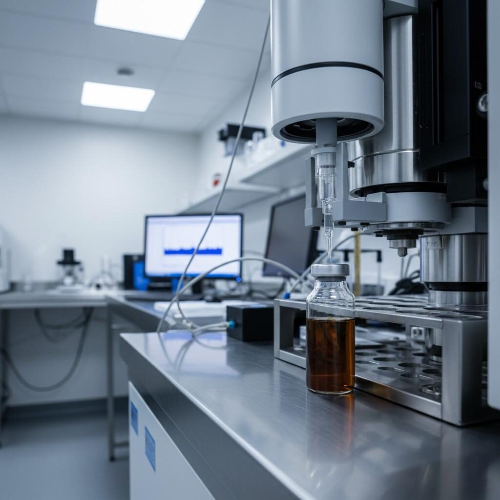  This detailed image captures a scientific laboratory setting where a GC-MS machine is actively analyzing vape flavor samples. Prominently featured are two vials—one crystal clear and another visibly discolored—highlighting the effects of degradation or instability in e-liquids. The cool lighting and stainless steel surfaces underscore the precise and controlled environment of advanced chemical analysis.