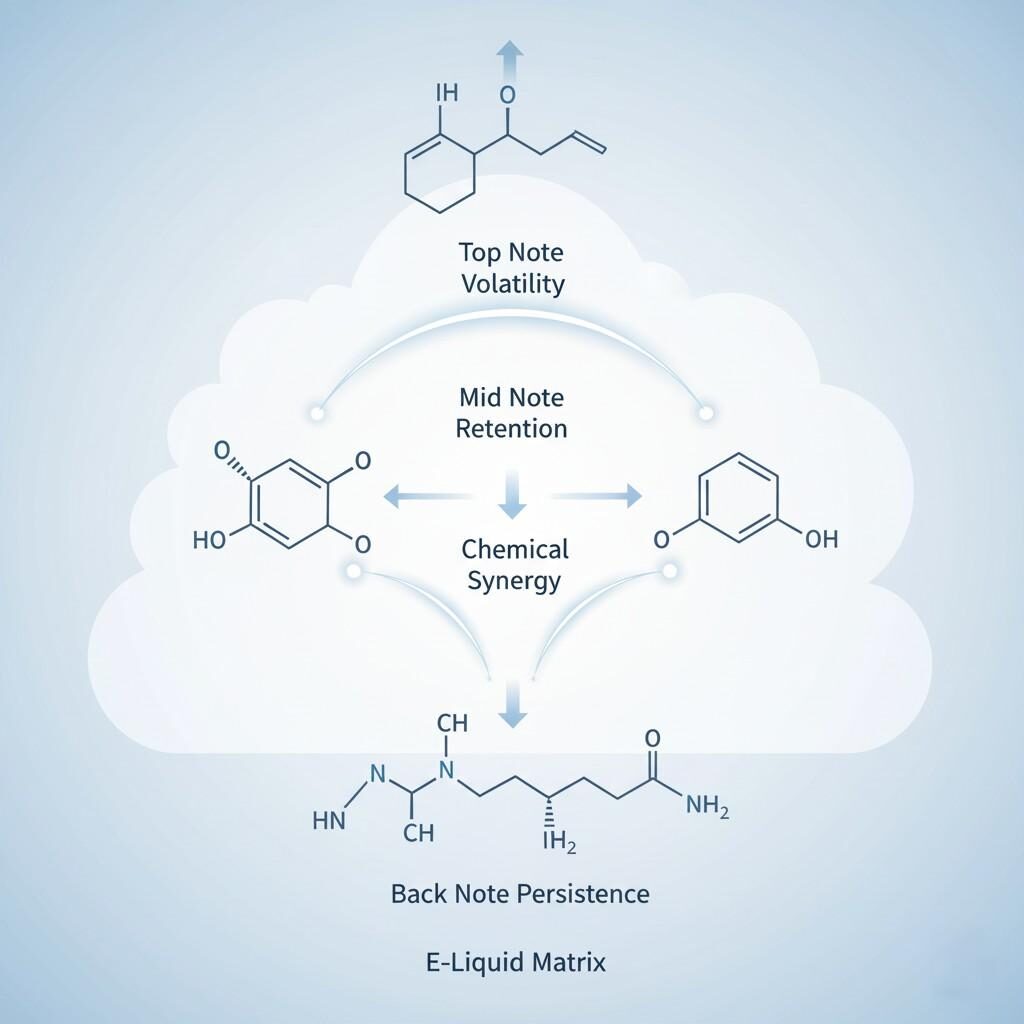 A technical infographic visually explains the intricate interaction of aroma compounds within an e-liquid matrix. Molecular diagrams illustrate "Top Note Volatility," "Mid Note Retention," and "Back Note Persistence," interconnected by arrows representing chemical synergy. The clean scientific aesthetic, achieved with soft gradient blues and whites, makes this infographic perfect for explaining the complex chemistry behind e-liquid flavor profiles in an accessible and engaging way.