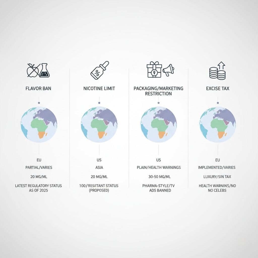 A comprehensive infographic detailing the global regulatory landscape for e-liquids in 2025. It illustrates key themes such as flavor bans, nicotine limits, packaging/marketing restrictions, and excise taxes, with an overlay of world maps showing the latest status across the EU, US, Asia, and Latin America. Essential for flavor houses and manufacturers to align development processes with current regulatory strategies.