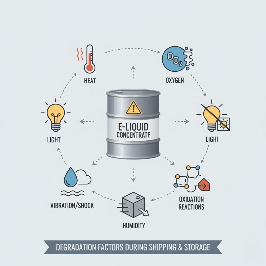 A scientific infographic illustrating the key degradation factors affecting e-liquid flavor concentrates during shipping and storage. The visual features icons for heat, oxygen, light, humidity, vibration, and oxidation reactions, all surrounding a central drum labeled 'E-liquid Flavor Concentrate,' presented in a professional infographic style with neutral industrial colors.