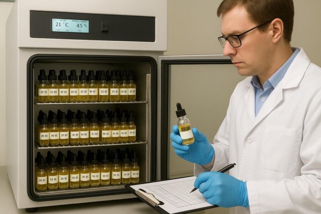 A scientist records observations during an e-liquid stability test in a laboratory. The chamber contains dozens of labeled samples organized by date and temperature, used for tracking color changes and GC–MS analysis data to assess chemical stability over time.