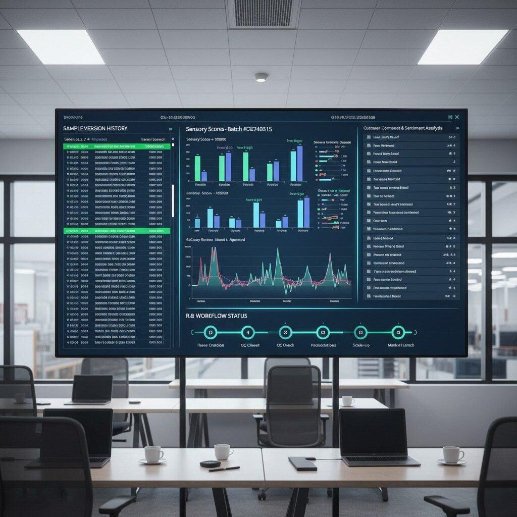 This image showcases a large digital dashboard within a modern flavor factory office, serving as a central hub for R&D operations. The dashboard displays critical information including sample version history, bar charts of sensory scores, detailed GC-MS chromatograms, aggregated customer comments, and the current R&D workflow status. This comprehensive visualization aids in efficient decision-making and streamlined product development.