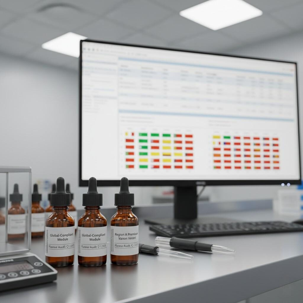  A professional photograph of a pristine flavor laboratory showcasing aroma bottles labeled "Global-Compliant Module" and "Region A Premium Variant," marked for "Flavour Audit Q1 2025." In the background, a screen displays a compliance spreadsheet and a regulatory flag matrix, emphasizing stringent process and governance in e-liquid flavor development and adherence to global standards.