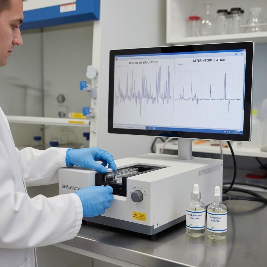 A laboratory image showcasing a technician performing GC-MS analysis of aroma compounds in e-liquids before and after high-temperature aerosol simulation, with aroma concentrate bottles labeled "HT Optimised Module" and "Retention Modifier." This highlights rigorous testing for flavor stability and retention in e-liquid product development.