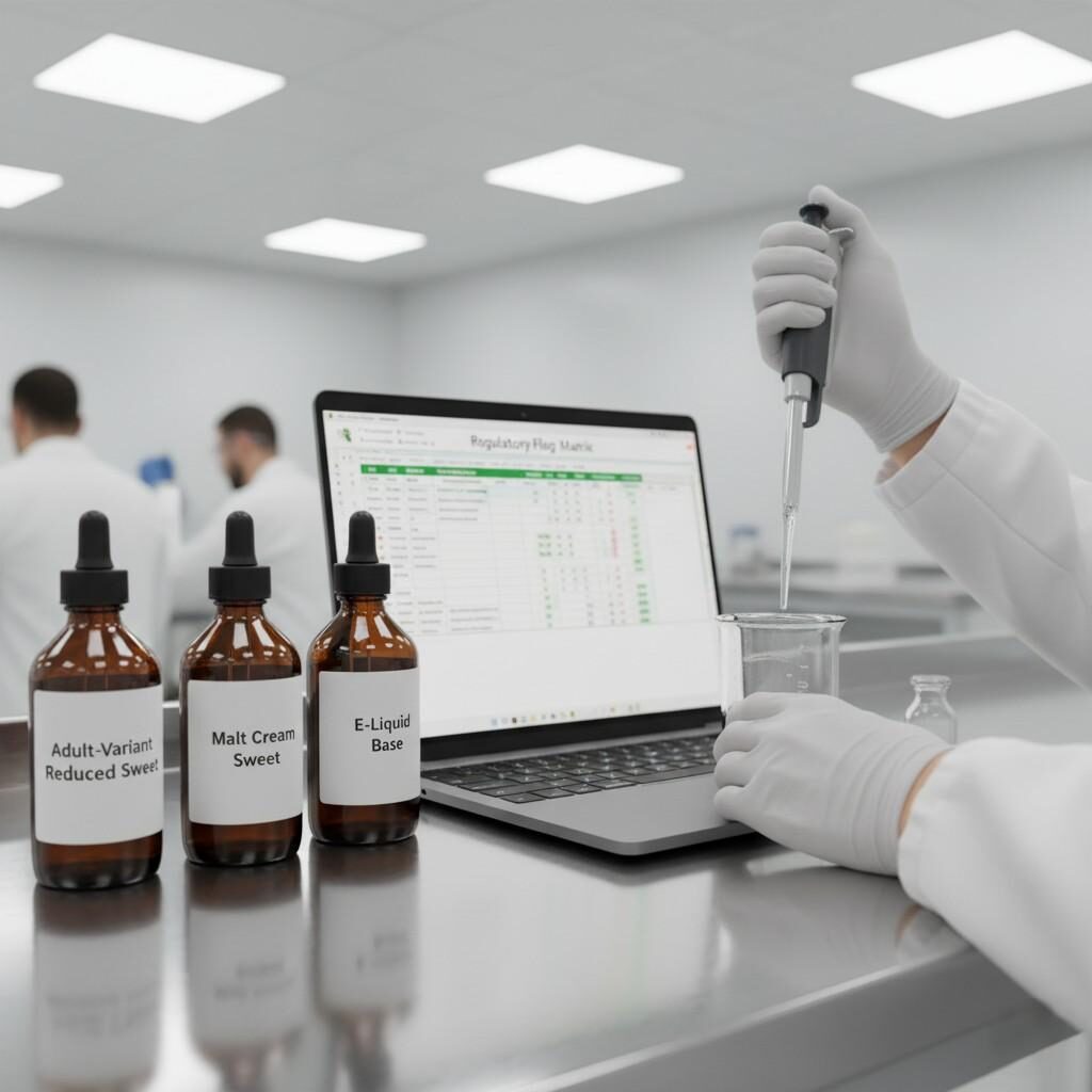 A professional laboratory photo showcasing the development of e-liquid flavors, specifically reduced-sweetness modules. The image features aroma-module bottles labeled "Adult-Variant Reduced Sweet" and "Malt Cream Sweet," pipettes dispensing concentrates, and a laptop displaying a Microsoft Excel-style regulatory flag matrix, emphasizing process discipline and safety.