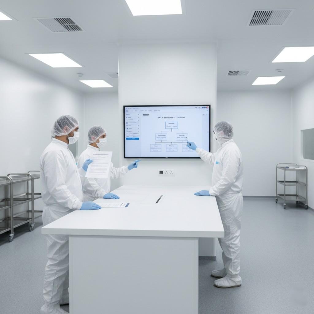 Cleanroom personnel, dressed in protective white coats, are diligently reviewing essential documentation including Certificates of Analysis (COA) and Safety Data Sheets (SDS). They are also engaging with advanced digital batch traceability systems displayed on a screen, ensuring stringent quality control, regulatory compliance, and precise product tracking within a sterile manufacturing or laboratory environment.