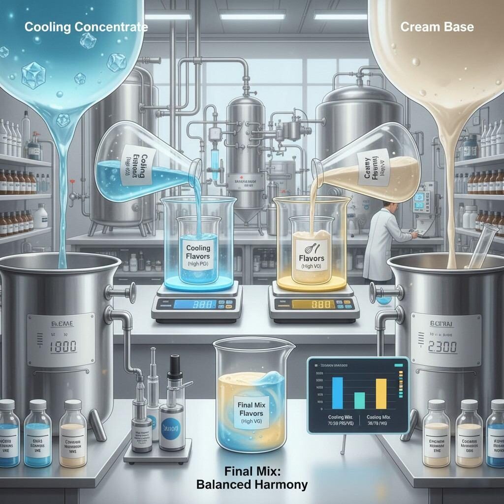 A detailed illustration of a laboratory/factory process for blending cooling and creamy e-liquid flavor bases. The image features labeled beakers for "Cooling Concentrate," "Cream Base," and "Final Mix," alongside a balance scale symbolizing formulation harmony. A chart compares optimal PG/VG ratios for each flavor style, showcasing the precision involved in achieving a balanced and stable e-liquid product.
