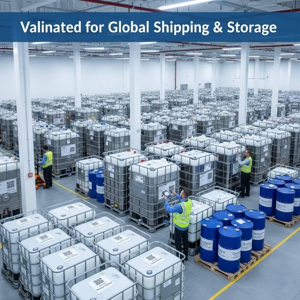 A wide shot of a modern fragrance manufacturing warehouse, showcasing rows of labeled drums and IBC containers prepared for export. Logistics workers are actively scanning QR codes on containers within a temperature-controlled environment, emphasizing precise inventory management and the robust validation for global shipping and storage.