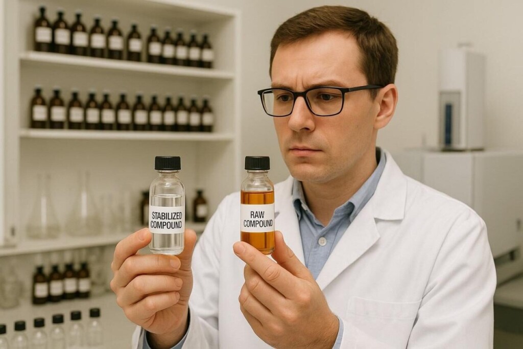 A professional flavorist examines two aroma vials labeled “Stabilized Compound” and “Raw Compound” in a fragrance laboratory. The clear and amber liquids highlight differences in stability, color, and purity, reflecting fragrance formulation and chemical refinement processes.