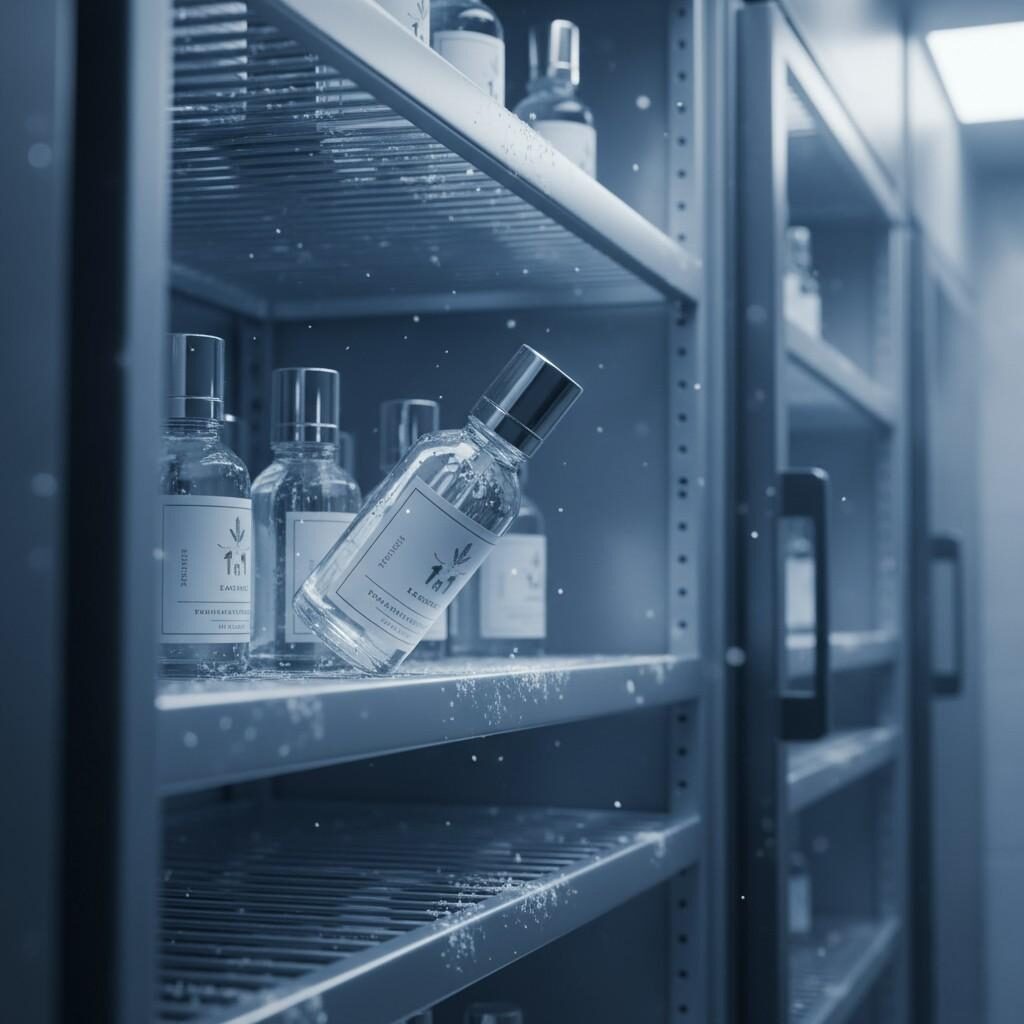 A stunning 8K cinematic corporate marketing image capturing a premium product showcase of e-liquid bottles. They emerge from a frost-lined cold storage chamber, enveloped in dramatic cool lighting and subtle vapor mist, highlighting stainless-steel shelves. The focus is on purity and uncompromised quality, conveying freshness and a high-end appeal for discerning vape consumers.