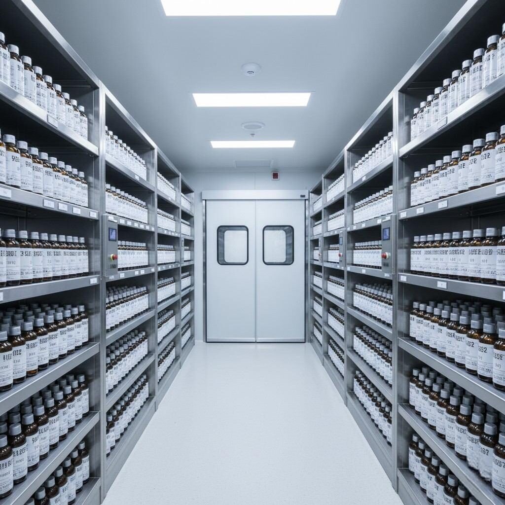 A pristine and professional image showcasing a cold-chain storage room designed for e-liquid flavor bottles. The temperature-controlled shelves are meticulously organized with uniformly packaged bottles, all featuring clear labeling. The stainless-steel surfaces and sleek design evoke a high-end manufacturing aesthetic, emphasizing strict quality control and optimal preservation for delicate flavor compounds.