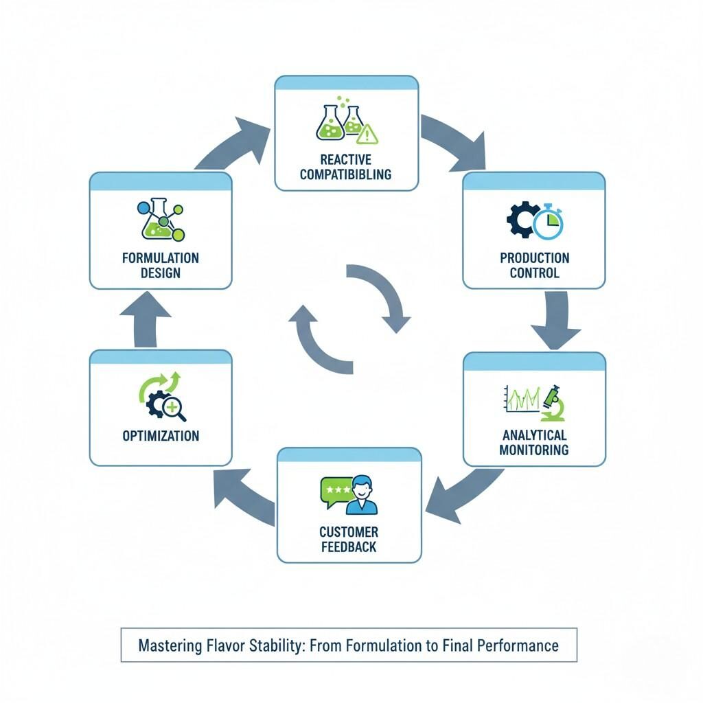  A comprehensive closed-loop process diagram illustrating the full workflow for mastering flavor stability, from initial formulation design and reactive compatibility screening to production control, analytical monitoring, customer feedback, and continuous optimization. Perfect for illustrating robust flavor development and quality assurance processes.