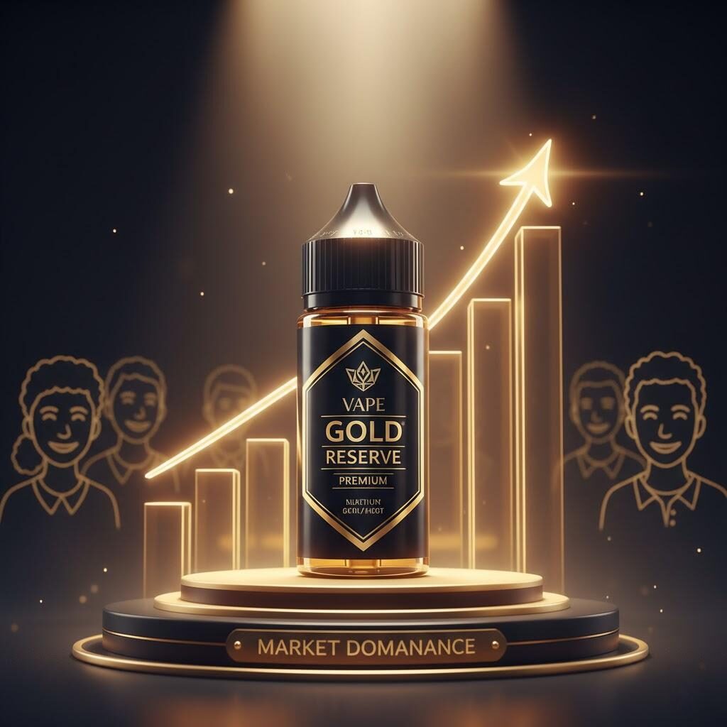 A powerful conceptual "Victory" image featuring a bottle of premium e-liquid prominently displayed on a podium under a radiant spotlight. Behind it, a stylized graph depicts a sales curve soaring upward, while faint outlines of smiling, loyal customers suggest strong brand allegiance. The luxurious gold and premium black color scheme emphasizes success and market dominance.