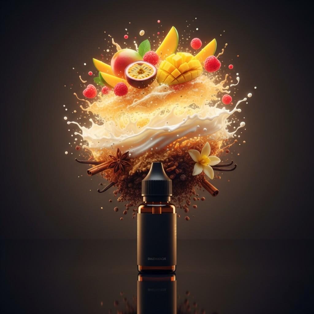  A high-end, cinematic product shot of a vape juice bottle on a black reflective surface. Behind it, a vibrant "flavor cloud" explodes, visually separated into distinct layers of fruit, cream, and spice ingredients, powerfully representing the complex depth and rich profile of the e-liquid. The lighting is golden and premium.