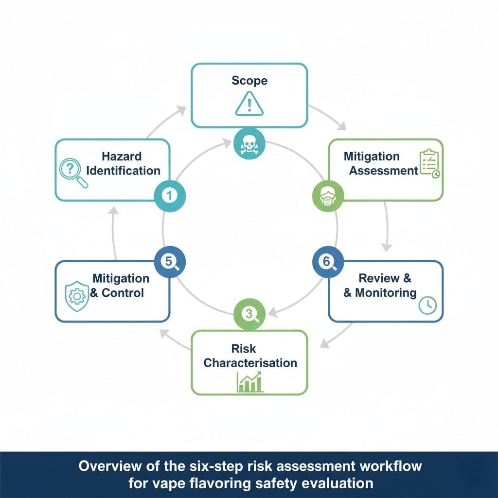 A clear process diagram illustrating the six-step risk assessment workflow for evaluating the safety of vape flavorings. This visual framework covers Scope, Hazard Identification, Exposure Assessment, Risk Characterization, Mitigation & Control, and Review & Monitoring, providing a comprehensive guide for safety professionals and researchers in the e-cigarette industry.