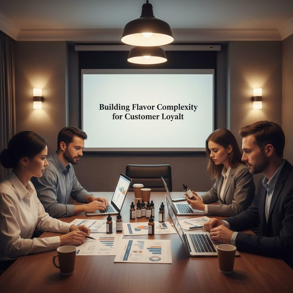 A professional corporate meeting scene captures a team of flavor scientists and marketing professionals diligently reviewing e-liquid prototypes and analytical charts. Branded aroma bottles and laptops are arranged on the table, while a projected text clearly states, "Building Flavor Complexity for Customer Loyalty." The warm, collaborative lighting symbolizes innovation and partnership, highlighting the strategic blend of scientific expertise and market insight crucial for developing successful e-liquid products.