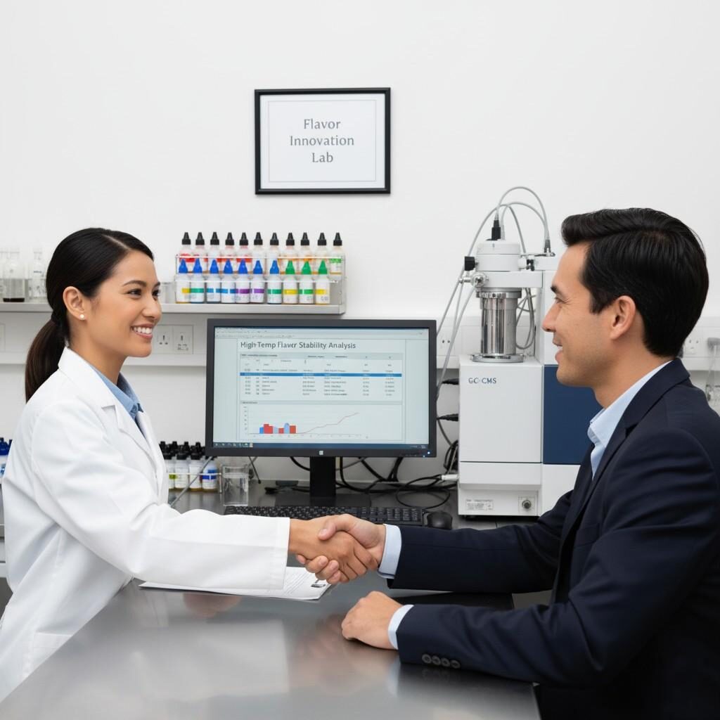 A professional corporate photo capturing a flavor chemist and a marketing representative shaking hands in a modern aroma laboratory. The scene features colorful e-liquid sample bottles, GC-MS equipment, and a "High-Temp Flavor Stability" report on a monitor, conveying partnership, innovation, and trust in the development of e-liquid flavors.