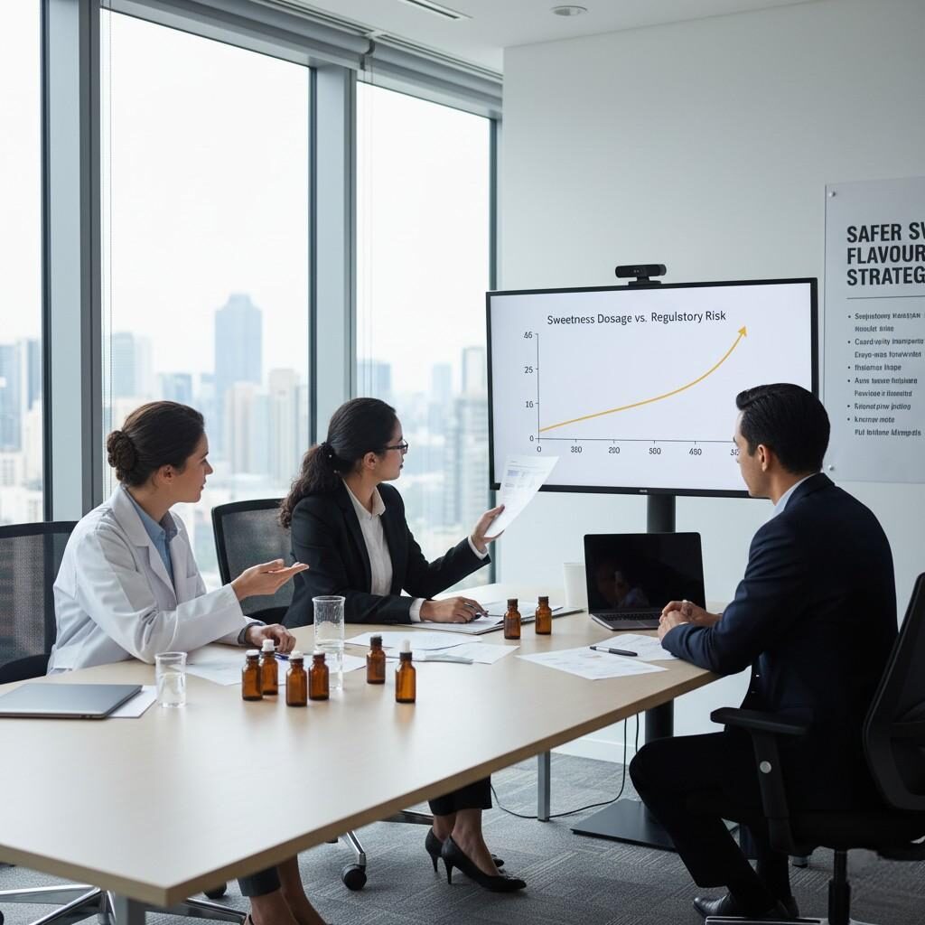 A modern corporate scene depicting a flavor developer and a regulatory affairs specialist in discussion, surrounded by aroma bottles and documentation. A high-resolution monitor displays a "Sweetness Dosage vs Regulatory Risk" graph, and a "Safer Sweet Flavor Strategy" poster is visible, conveying collaboration, innovation, and compliance in e-liquid flavor development.