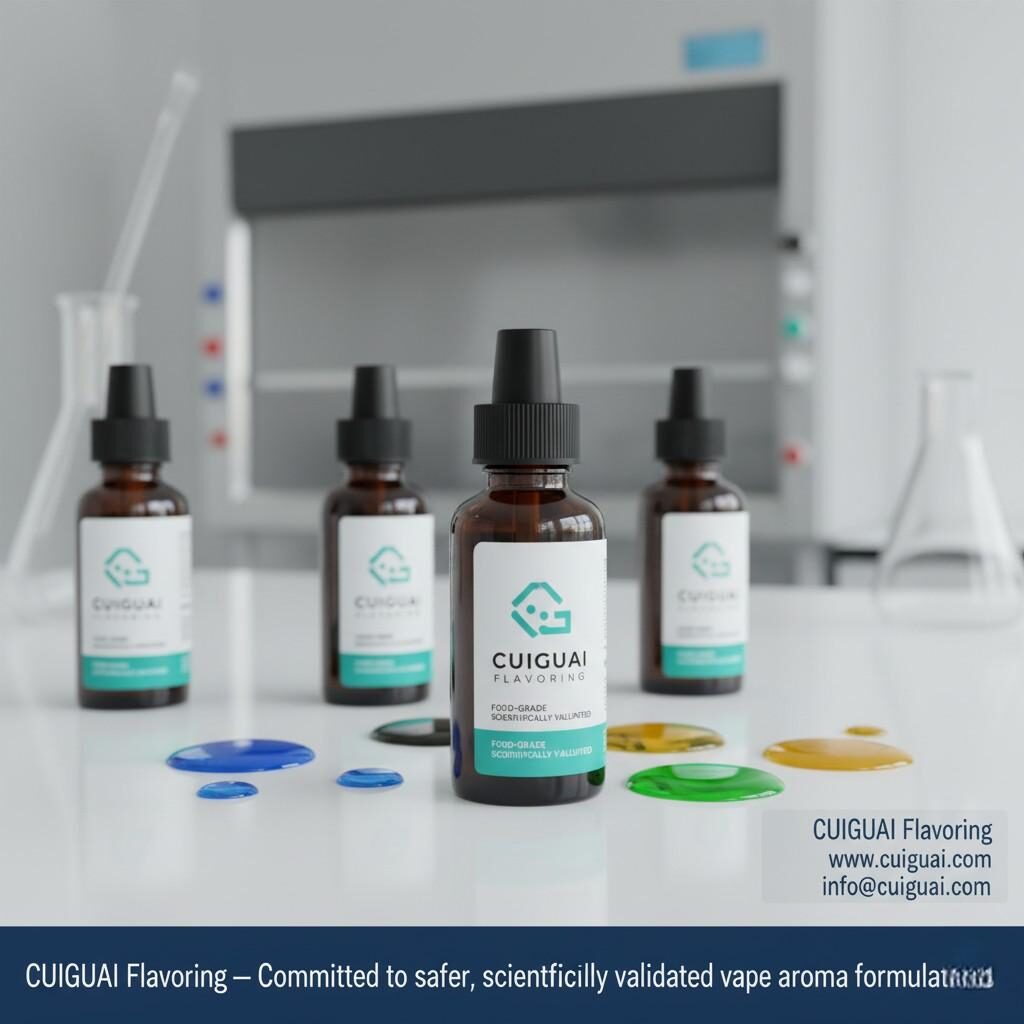 A high-quality image showcasing CUIGUAI Flavoring's safe, food-grade vape flavor bottles in a clean laboratory setting, reinforcing the brand's commitment to scientifically validated aroma formulations and product safety. Includes company branding and contact information, serving as a powerful visual call-to-action.